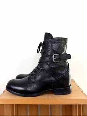 Prada Black Leather Lace Up Buckle Wrap Ankle Moto Boots size 36.5
